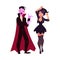 Girl dressed as witch, magician, man in dracula costume, Halloween
