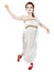 Girl dressed in greek costume dancing on white