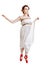 Girl dressed in greek costume dancing on white