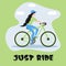 Girl dressed in sport clothes is riding bicycle. Just ride slogan
