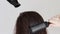 Girl dries her hair with hairdryer close-up on gray background, back view