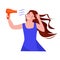 The girl dries her long hair with a hairdryer. Vector illustration in flat cartoon style. Isolated on a white background