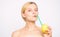 Girl drink fresh juice whole lemon fruit cocktail straw. Lemonade recipe without supplements. Healthy lifestyle and