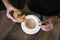 Girl drinks cappuccino with donuts in a cafe at a wooden table top view. snack during work