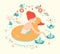 Girl with duck, lifebuoy floating and paper boats on water with birds