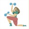 A girl with dumbbells in her hands shakes her muscles. The sportswoman is engaged in sports.