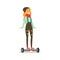 Girl In Dungarees And Scarf Riding Electric Self-Balancing Battery Powered Personal Electric Scooter Cartoon Character