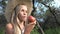 Girl Eating Apple, Kid in Orchard, Kid Tasting Fruits in Tree, Farmer Blonde Child at Village at Countryside