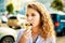 Girl eating a delicious chocolate ice cream