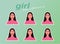 Girl emotions sticker pack. Human emotions. Young woman confusing, crying, smiling, scared, angry and laughing.