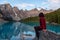 Girl enjoying the beautiful view of an Iconic Famous Place, Moraine Lake