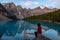 Girl enjoying the beautiful view of an Iconic Famous Place, Moraine Lake