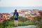 Girl enjoying view to Castelsardo village in Sardinia, Italy