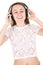 Girl enjoys music beautiful young woman in headphones listening to music smiling