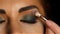 Girl with an evening make up with closed eyes, make up brush tints eyelid. Close up. Slow motion