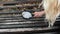 Girl examines wood bench with magnifying glass.