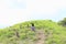 Girl exercising yoga among stone stacks on Padar Island