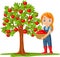 Girl farmer gathering apples in basket