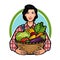 Girl or farmer holding a basket full of fresh vegetables. Healthy food, agriculture, farm concept. Cartoon vector illustration