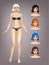 Girl fashion game. Vector beauty doll and for hair color variations