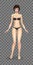 Girl fashion game. Vector beauty doll in swimsuit on transparent grid background