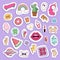 Girl fashion symbols vector stickers patches cute colorful badges fun cartoon icons pony, horn horse, lips, love and