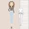 Girl in fashionable clothes, pants, jumper, tank top, outerwear, women`s clothing, casual outfit