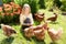 Girl feeding chickens