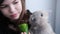 a girl feeding a domestic rabbit a cucumber