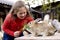 Girl feeds rabbit on carrot