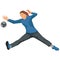 Girl figure of a professional women\'s handball goalkeeper in a blue uniform jumps in the splits and catches the ball