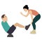 Girl fitness instructor holds training session man shakes the press insulated by on white background vector illustration