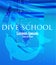 Girl in flippers and dolphin in a sea water . Dive school poster.