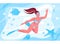 A girl in flippers and a mask swims in the depths of the ocean. Starfish, shellfish, fish. Vector illustration in flat