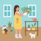 Girl florist and cat at home. Houseplant care