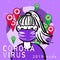 Girl in flu mask reads news on the background Earth map and geo position icon covid-19