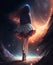 Girl in a fluffy skirt is dancing against the backdrop of space galaxies