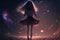 Girl in a fluffy skirt is dancing against the backdrop of space galaxies