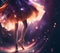 Girl in a fluffy skirt is dancing against the backdrop of space galaxies