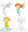 Girl flying with dandelions. Girl jumping in puddles