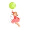 Girl Flying Holding A Big Green Balloon