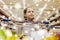 Girl with food in shopping cart at grocery store