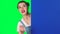 Girl with football ball, cheers for his favorite team while watching the match then disappointed on green screen at