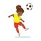 The girl football player beats the soccer ball with her head. Vector in cartoon style, comic flat
