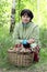 Girl in forest next to a basket of mushrooms