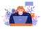 Girl freelancer works at a laptop. Work at home with pets. Self-isolation, chatting with friends and colleagues. Flat illustration