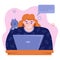 Girl freelancer works at a laptop. Work at home with pets. Self-isolation, chatting with friends and colleagues. Flat illustration