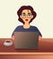Girl freelancer. Young woman in glasses works at home sitting in front of a laptop. Cartoon flat girl working online or