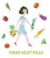 Girl and fresh vegetables card - market illustration