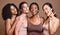 Girl friends, diversity and model group portrait feeling happy about skincare, wellness and skin glow. Women, beauty and